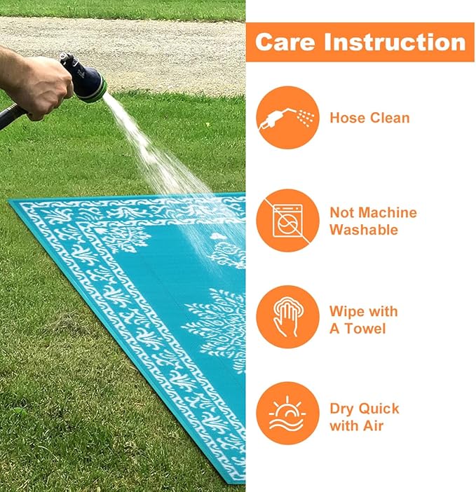 Outdoor Rug 5x8 Ft, Waterproof Plastic Straw Patio Rug, Reversible Backyard Carpet UV Resistant Portable RV Mat Clearance, Large Indoor Outdoor Rug for Patio, Porch, Deck, Balcony, Teal