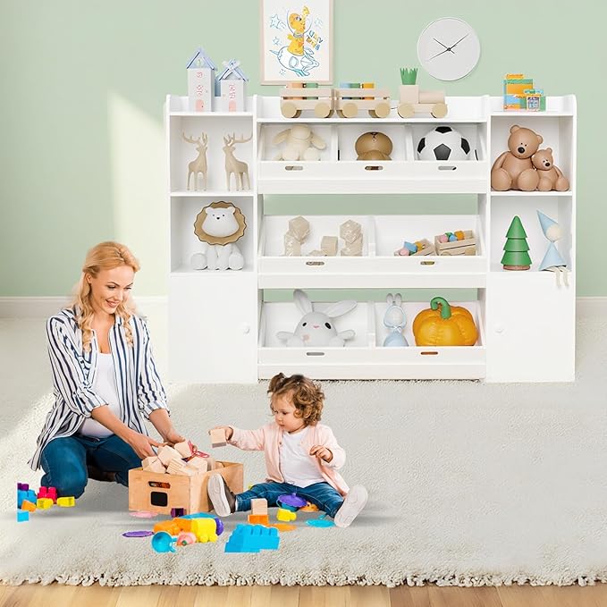 55.7''W Toy Storage Organizer with 7 Removable Bins & 4 Open Shelf,Large Kids Bookshelf and Toy Storage for Playroom, Kids' Room & Classroom,White