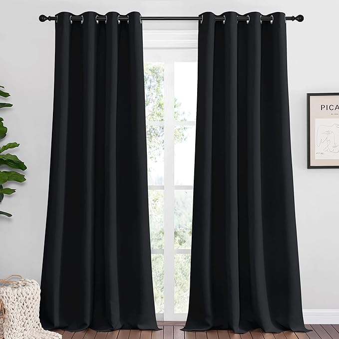 NICETOWN Patio Blackout Curtain Shades, 2 Panels, 55 inches x 118 inches, Black, Summer Home Decoration Thermal Insulated Grommet Blackout Draperies/Drapes for Kitchen