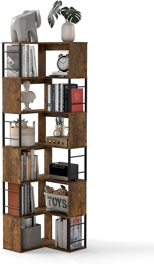 7 Tier Corner Bookshelf 74 Inches Tall Corner Bookcase Industrial L Shaped Book Shelf with Metal Frame Display Rack Storage Organize for Home Office,Living Room,Bed Room (Brown)