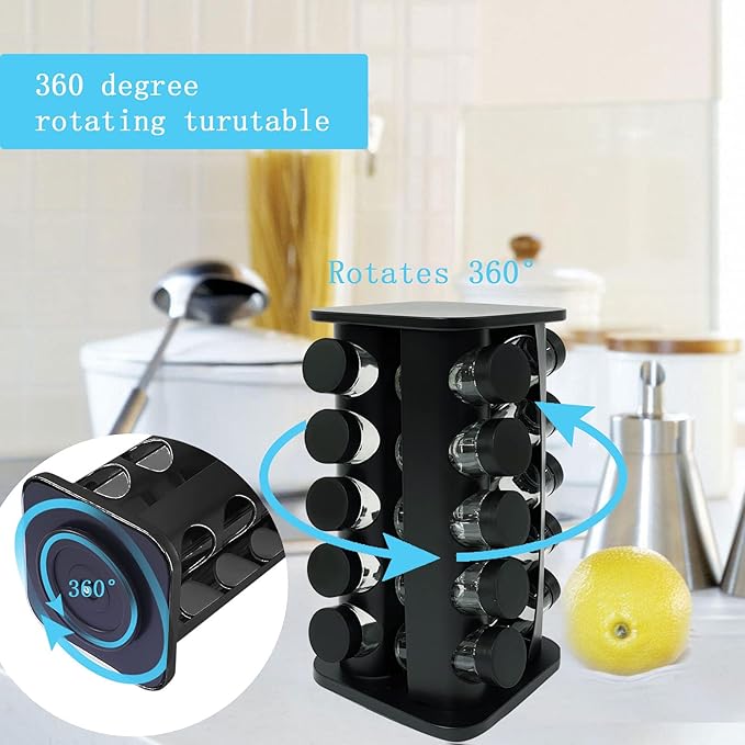 KALINCO Rotating Spice Rack, Spice Rack Organizer for Cabinet, Spice Rack with Jars(20-Jar), Revolving Spice Organizer, Spice Carousel Tower for Kitchen Black
