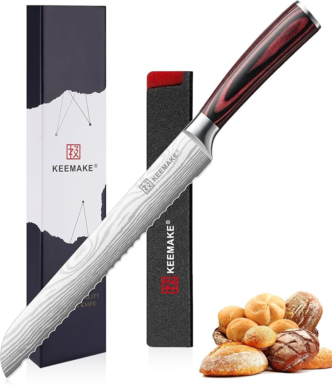 KEEMAKE Serrated Bread Knife 8-inch Ultra Sharp High Carbon Stainless Steel Bread Slicer Knife for Homemade Breads Sourdough Bagels Cakes and Soft Produce - Ergonomic Pakkawood Handle, w/Sheath