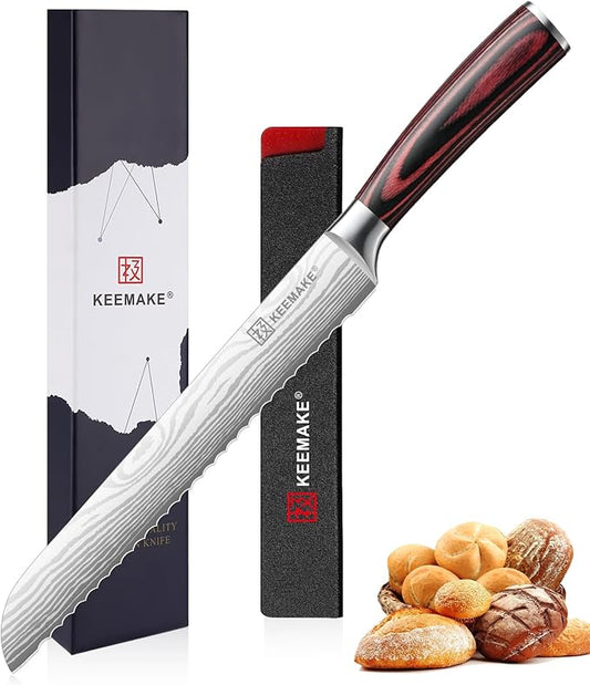 KEEMAKE Serrated Bread Knife 8-inch Ultra Sharp High Carbon Stainless Steel Bread Slicer Knife for Homemade Breads Sourdough Bagels Cakes and Soft Produce - Ergonomic Pakkawood Handle, w/Sheath