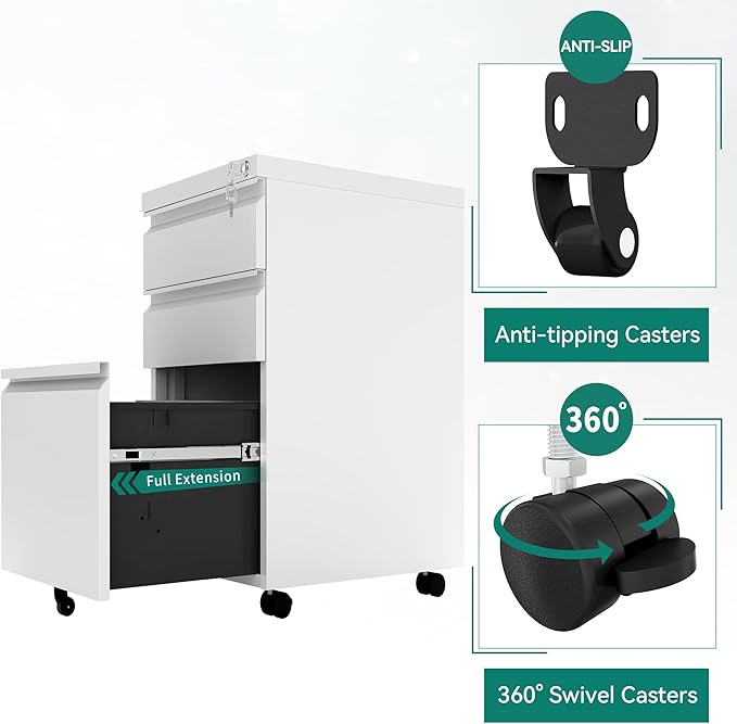 YITAHOME 3-Drawer Vertical File Cabinet, Mobile Metal Filing Cabinet with Lock for Legal/Letter Size, Pre-Built Office Storage File Cabinet Except Wheels Under Dese, White