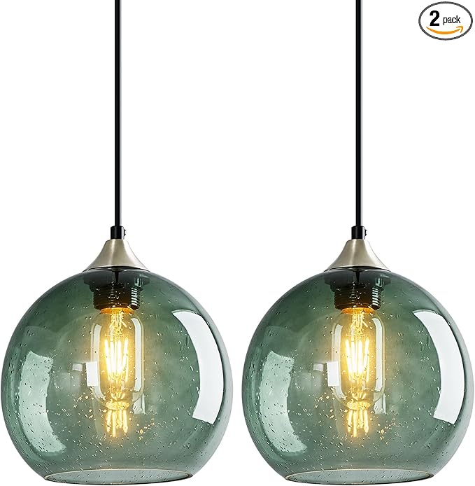 Gray Green Glass Pendant Lights Kitchen Island Lighting Globe Pendant Light Fixtures Modern Pendant Lighting for Bedroom Living Dining Room Light Fixture(7.87in, 2 Pack)