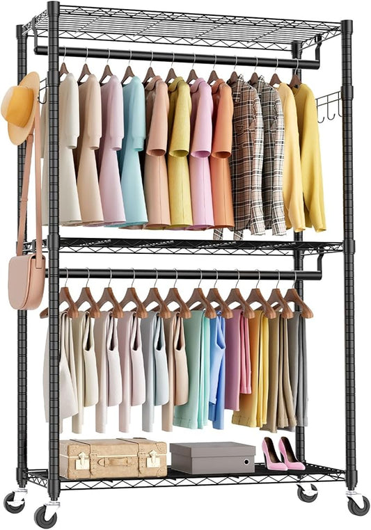 Sweetcrispy Rolling Clothes Rack, Heavy Duty Garment Racks 3 Tiers Portable Adjustable Wire Shelves with Wheels, Hanging Rods, Hooks Freestanding Clothing Wardrobe Closet (17.7"L x 47.2"W x 80.3"H)