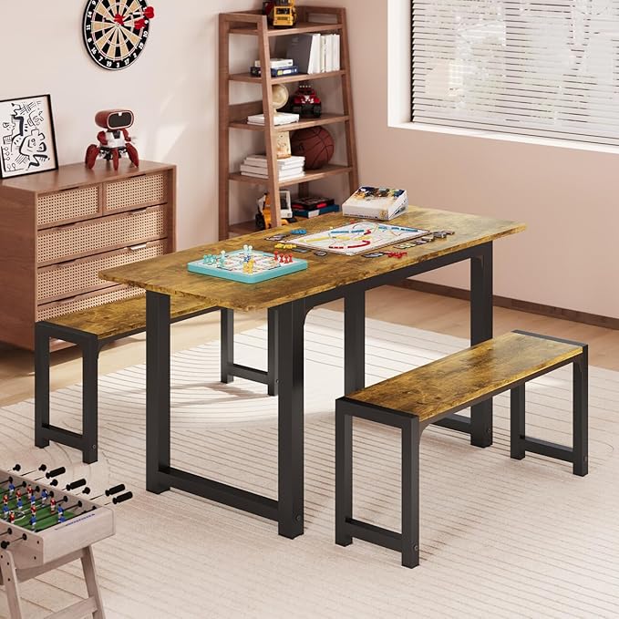 Gizoon 63” Kitchen Table Sets for 4 with 2 Benches Extendable Dining Table Set for 4 with Chairs Dining Room Table and Chairs for Kitchen Apartment Outdoor and Home Office, Rustic Brown