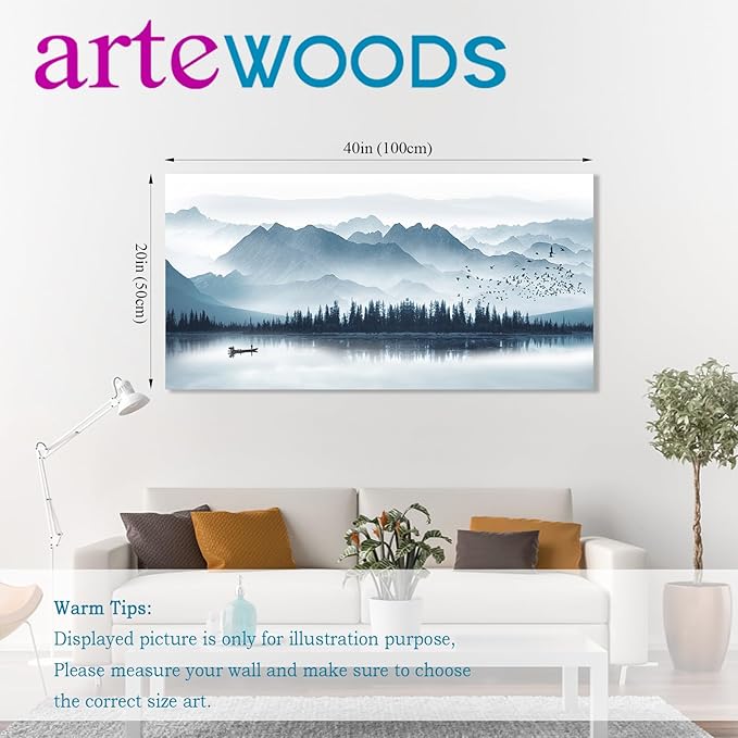 arteWOODS Indigo Canvas Wall Art - Misty Mountain & Foggy Lake Boat Painting - Grey Blue Forest Birds - 20" x 40" Canvas Wall Decor for Living Room
