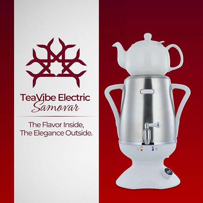 ETHNIQ - Electric Samovar | 4L Stainless Steel Turkish Tea Maker | Adjustable Temperature Controller | Boil Dry & Auto Shot-off | White