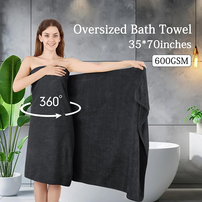 8-Piece Black Bath Towels Set,2 Oversized Large Bath Towels Sheet,2 Hand Towels and 4 Washcloths - 600 GSM Soft Luxury Towel Set,Highly Absorbent Quick Dry Towel Collection for Bathroom,Hotel and Spa
