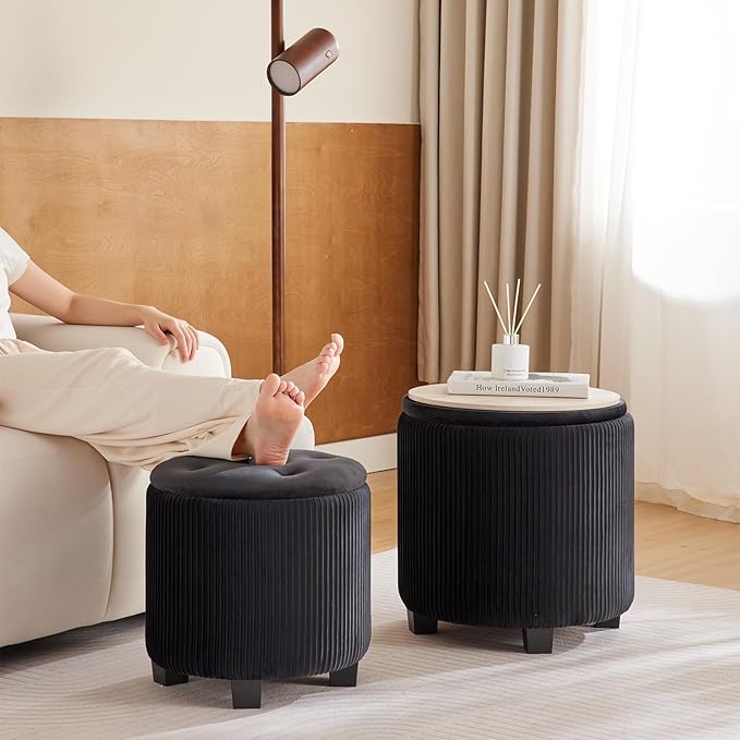 Round Ottoman with Storage Set of 2-Upholstered Sherpa Vanity Stool for Makeup Multifunctional Ottomans Coffee Table Padded Seat Foot Rest (Engineered Wood, Large Black)