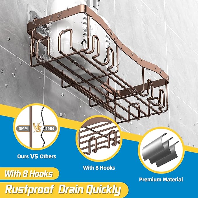 Adhesive Shower Caddy, No Drilling Bath Organizers 5 Pack, Rustproof Shelves with Soap Holder & Toothbrush Holder, Bathroom Organizers and Storage, Bronze
