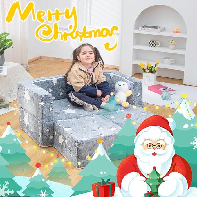 Kids Play Couch 3-in-1 Modular Toddler Baby Couches Foam Armchair for Boys & Girls Children Convertible Sofa to Lounger Fold Out Kids Furniture Sofa Play Set, Grow in The Dark Star