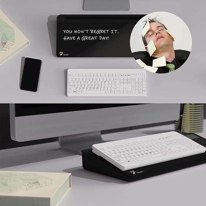 TOWON Desktop Glass Whiteboard with Basic Calculator, 12 Digit LCD Display, Desk Organizers with Accessories for Office, Home, School Supplies, Storage with Dry Erase Board Surface, Black, 17'' x 6''