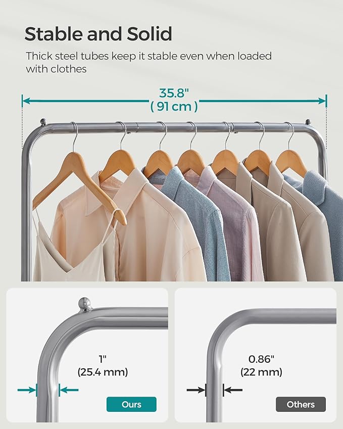 SONGMICS Clothes Rack with Wheels, Clothing Rack for Hanging Clothes, 25.4 mm Metal Garment Rack with Dense Mesh Storage Shelf, 110 lb Load Capacity, 2 Brakes, Gray UHSR025G01