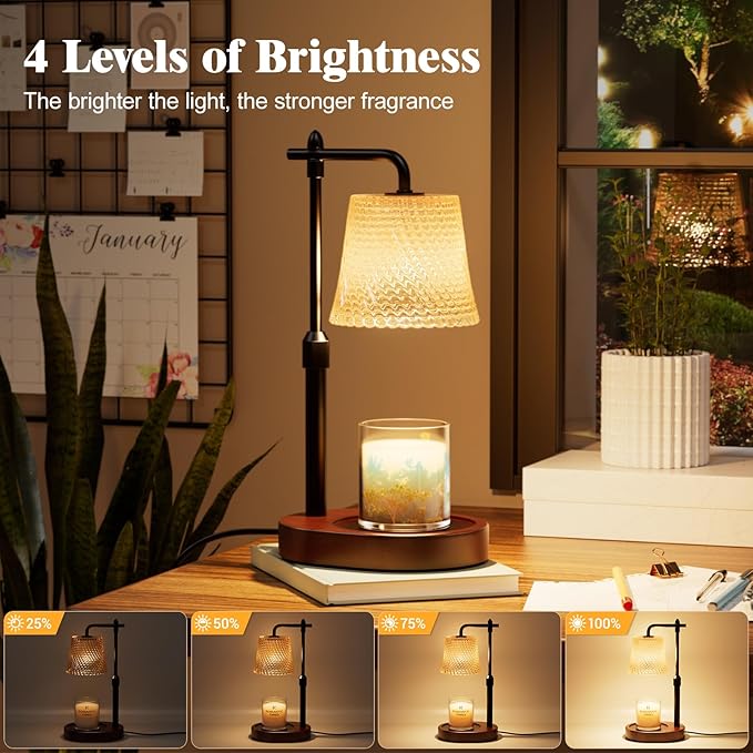 Candle Warmer Lamp with Timer Dimmable - Height Adjustable Candle Warmer for Jar Candles - Birthday Gifts for Women Mom - House Warming Gifts New Home Decor (Walnut Base Amber Shade)