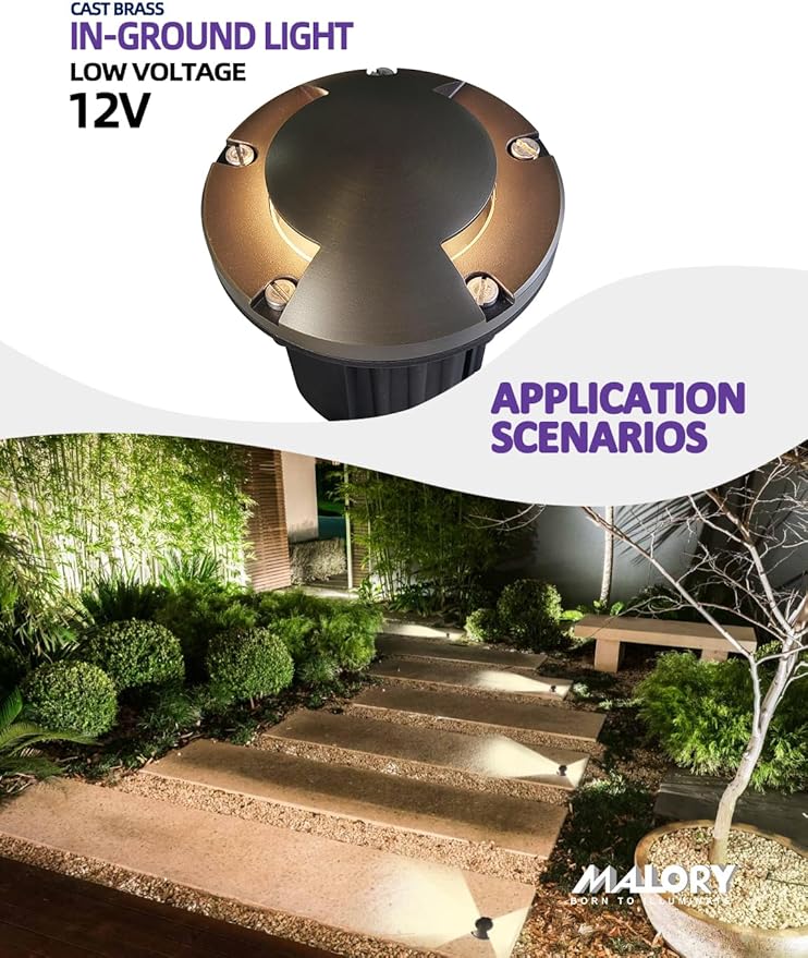 MALORY Brass Top Cover Landscape Well Lights,(5''H) 12V Low Voltage Outdoor In Ground Lights,Landscape Lighting for Pathway, Driveway and Garden (Two-Direction Turret, 1-Pack with Bulb)