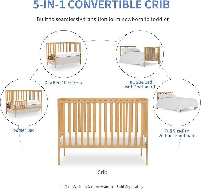 Baby Crib 5-in-1 Convertible, Wooden Nursery Cribs Converts to Toddler Bed, Daybed and Full Size Bed, 3 Adjustable Base, Non-Toxic Finish (Natural)