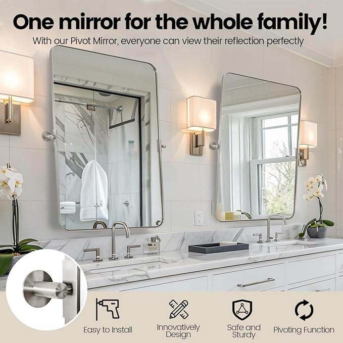 28"x36" Brushed Nickel Pivot Bathroom Mirror, Silver Metal Framed Rounded Rectangular Wall Mirrors, Tilting Beveled Vanity Mirror, Wall-Mounted Mirrors Hangs Vertically Only(Overall 31.75" x 36")