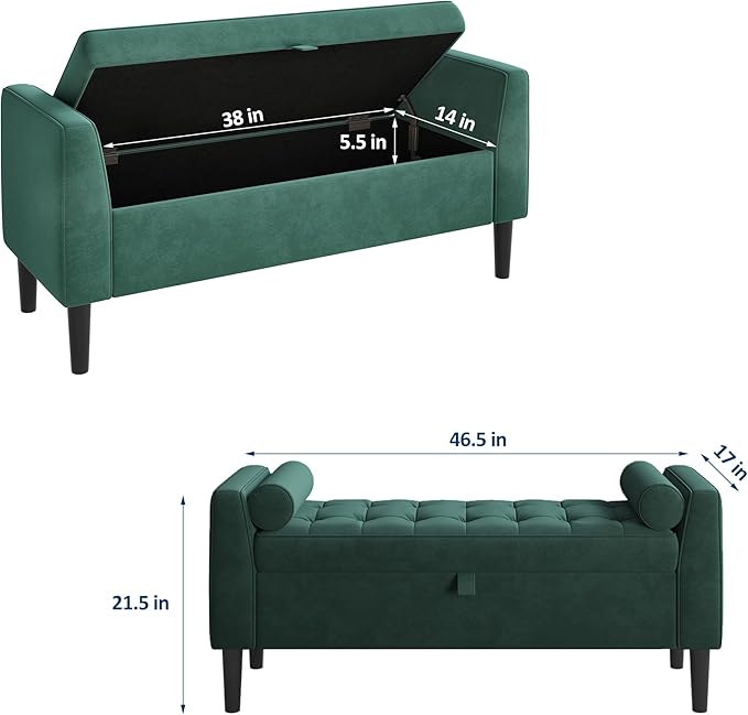 46.5" Storage Ottoman Bench – Upholstered End-of-Bed Storage Chest with Rolled Armrests & Wood Legs, Entryway Shoe Bench and Footrest Seat for Hallway, Bedroom & Living Room & Walk-in Closet (Green)