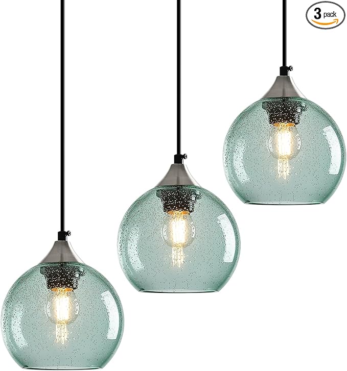 Light Green Glass Pendant Lights Kitchen Island Globe Pendant Light Fixtures Modern Pendant Lighting for Bedroom Living Dining Room Light Fixture (5.9 in, 3 Pack)