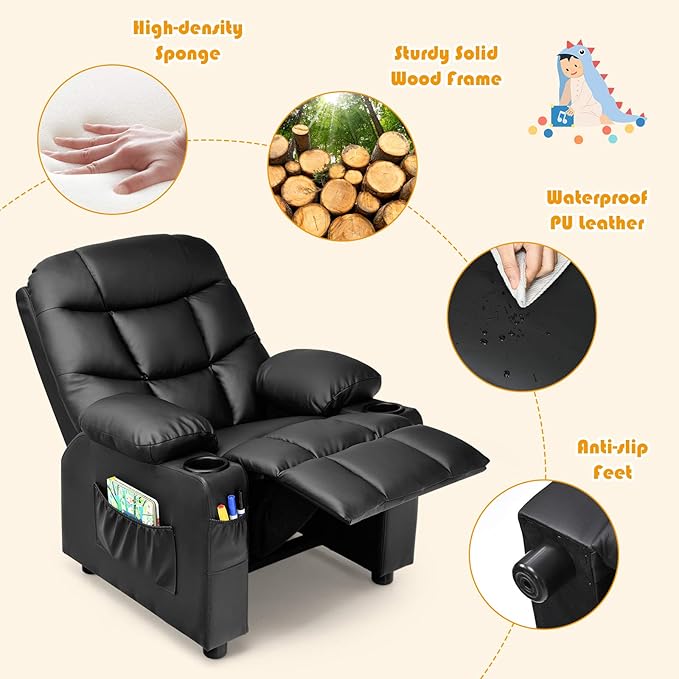 Costzon Kids Recliner Chair with Cup Holder, Adjustable Leather Lounge Chair w/Footrest & Side Pockets for Children Boys Girls Room, Ergonomic Toddler Furniture Sofa, Kids Recliner (Black)