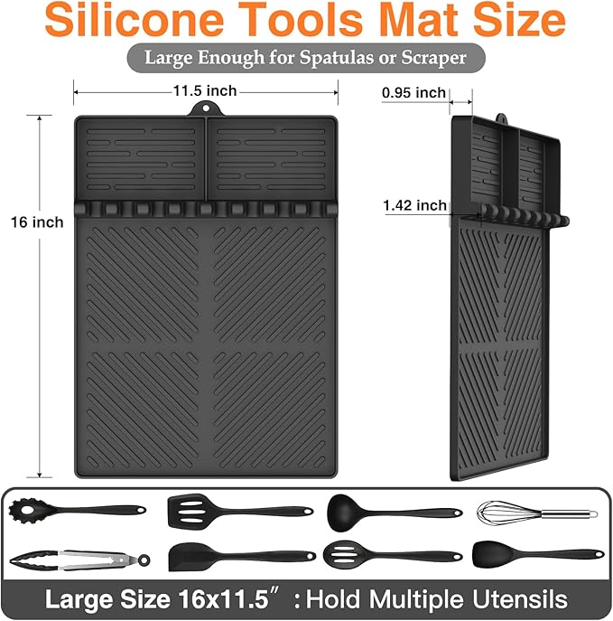 Silicone Griddle Tools Mat for Blackstone, Griddle Accessories Side Shelf Mat Grill Pad for Outdoor Grill Kitchen Counter Spatula Silicone Mat with Drip Pad (Black (2Packs))