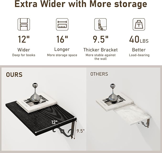 Deep Floating Shelves, 16" W x 12" D Wall Shelves Set of 2, Wide Display Shelf Wall Mounted with Brackets, Bookshelf for Living Room, Bathroom, Bedroom, Black