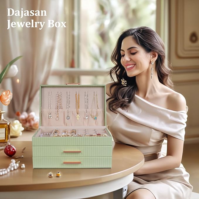 Dajasan Jewelry Organizer Box, Jewellery Boxes for Women, 3-Tier Jewelry Storage Organizer for Earring, Ring, Necklace, Bracelets (Avocado Green)