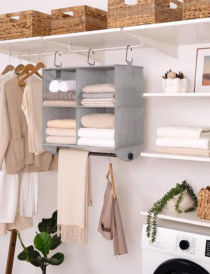 StorageWorks Hanging Closet Organizer with Metal Rod, 4-Section Closet Organizers and Storage, Collapsible Hanging Shelves for Closet, Bedroom, Kids Dorm Room, RV Camper, Gray and White