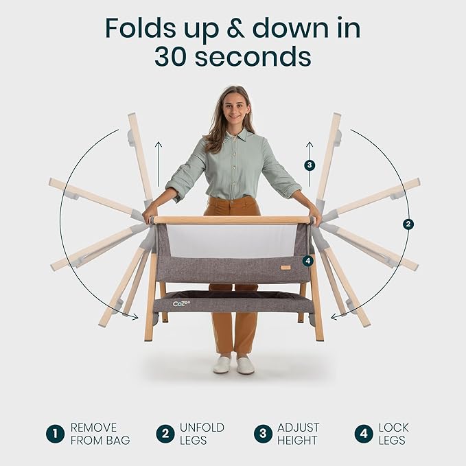 CoZee® 2-in-1 Baby Bassinet & Bedside Sleeper - Fast-Folding Bedside Bassinet, Baby Crib with 6 Mattress Heights & Breathable Mesh Window, Mattress Included, 0-6 Months (Oak & Charcoal)