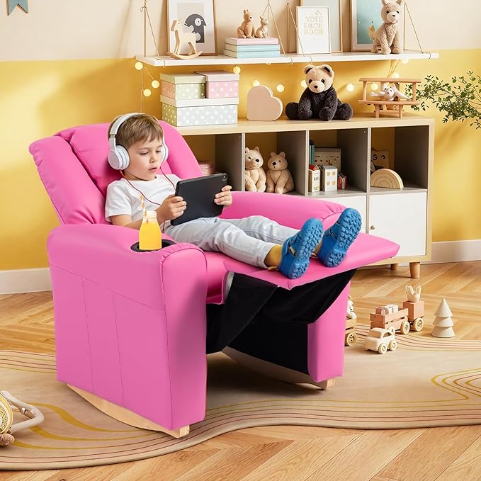 AVAWING Kids Recliner Chair with Cup Holder, Leather Toddler Recliner with Adjustable Backrest, Curved Rocking Legs and Comfy Armrests for Bedroom or Nursery, Pink