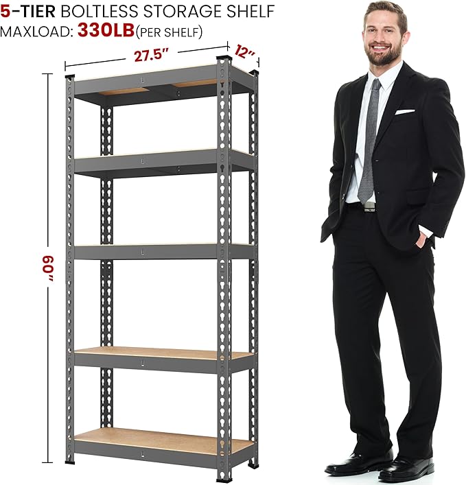 Yaheetech Storage Shelves 5 Tier Garage Shelving Heavy Duty Garage Shelves Adjustable Metal Shelving Unit Utility Rack Industrial Shelving for Warehouse Pantry Closet, 27.5"W x 12"D x 60"H, Dark Gray