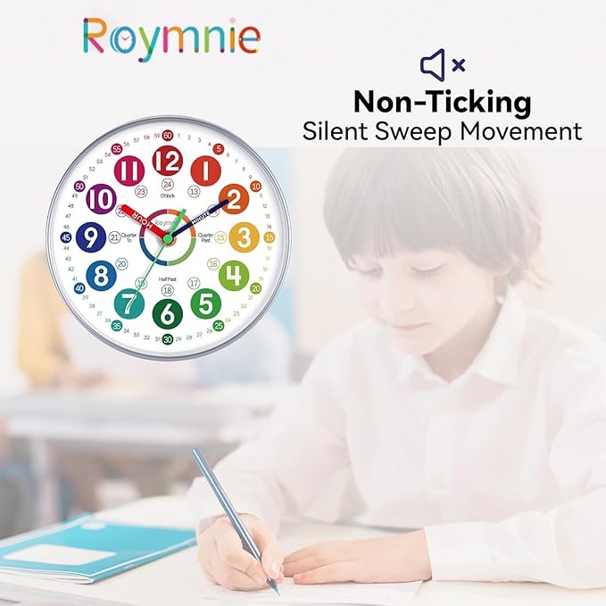 Learning Clock for Kids 10 Inch Learning to Tell Time Easily Colorful Teaching Time Clock Silent Non Ticking Battery Operated Decorative for Kids Room Classroom School Bedroom