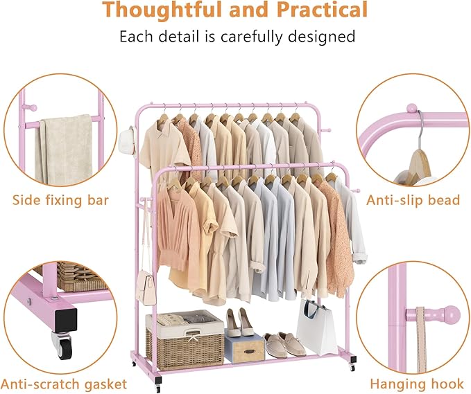 Laiensia Double Rods Garment Rack with Wheels, Clothing Rack for Hanging Clothes,4 Hooks, Multi-Functional Bedroom Clothes Rack, Pink
