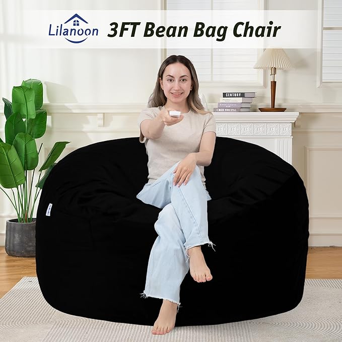 3FT Bean Bag Chair with Ultra Soft Velvet Cover Bean Bag Sofa with Memory Foam Bean Bag Chairs with Large Size Lazy Sofa for Dorm Office Living Room Bedroom Black 3'