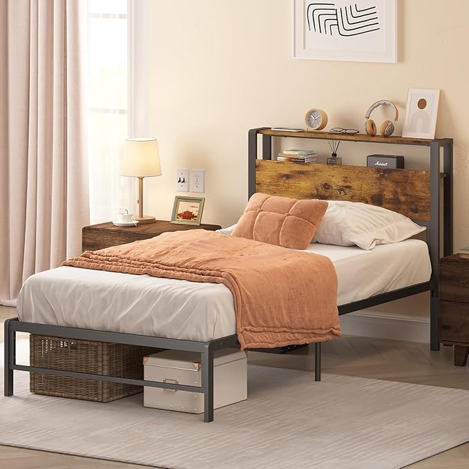 Weehom Twin Bed Frames for Kids, Twin Size Bed with 2 Tiers Wood Shelves Headboard Under Bed Storage Space No Box Spring Needed Heavy Duty Metal Plaform, Brown