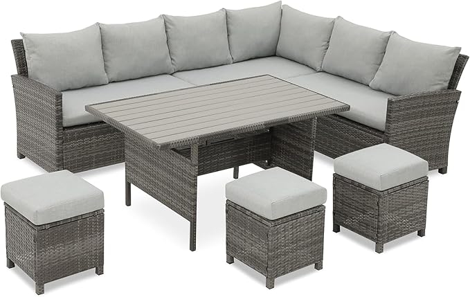 Wisteria Lane Patio Furniture Set, 7 Piece High Curved Back Outdoor Dining Sectional Sofa with Dining Table and Chair, All Weather Wicker Conversation Set with Ottoman, Grey