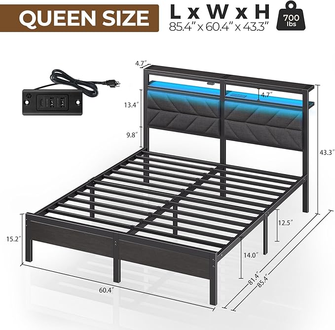 Seventable Bed Frame Queen Size with Charging Station, LED Bed with Upholstered Storage Headboard, Metal Platform Bed with Under Bed Storage, No Box Spring Needed, Noise Free, Easy Assembly, Grey