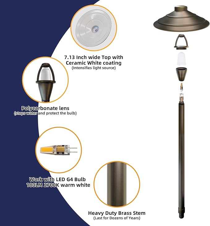 Solid Cast Brass Pathway Lights, 12V Low Voltage Landscape Lighting LED Path Lights with G4 Bulb for Outdoor Walkway, Garden, 23" Tall, 7.5" Shade