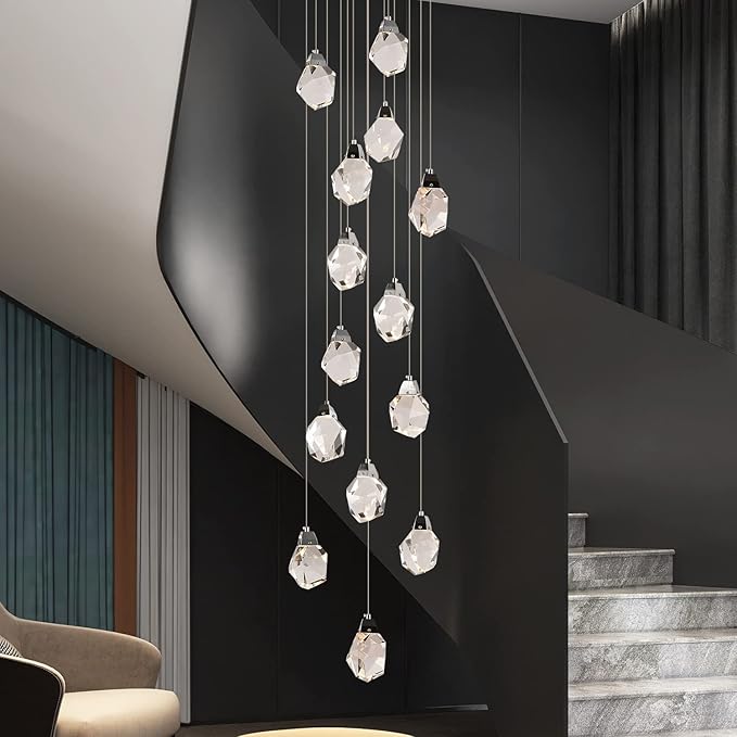 Modern Farmhouse Chandelier Lighting, Luxury Round Hanging Lamp with Chrome, Large Dimmable Crystal Pendant Lights Fixtures for Living Room Dining Room Staircase Hotel (Round 14-Lights)