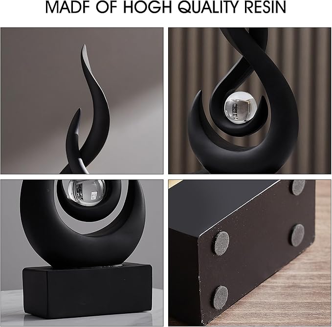 AWNR Abstract Black Sculpture: Flame Statue with Glass Ball Resin Art Figurines - Unique Centerpiece for Modern Home Decor