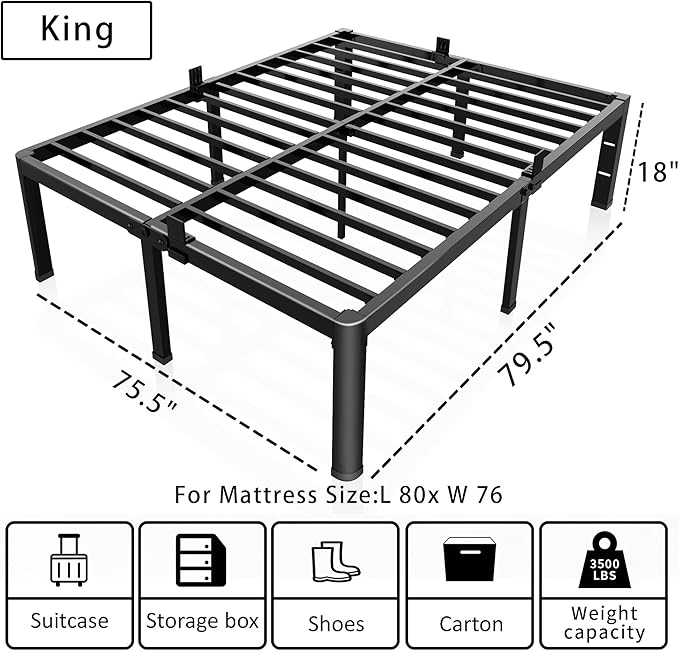 ROIL 18 Inch King Bed Frame with Rounded Corner and Headboard Hole Mattress Retainers 3500LBS Metal Heavy Duty Steel Slats No Box Spring Needed Platform Noise-Free Easy Assembly