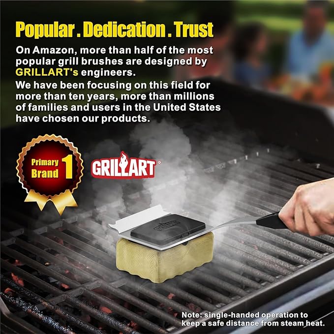GRILLART Grill Brush Bristle Free. Upgraded BBQ Replaceable Cleaning Head, Seamless-Fitting Scraper Tools for Cast Iron/Stainless-Steel Grates Griddle, Safe Barbecue Grill Cleaner-Black