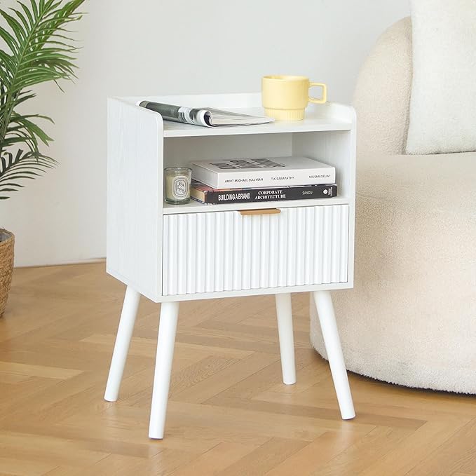 AWASEN White Nightstand, Modern Bedside Table with Fluted Drawers, Small Night Stand Bed Side Table with Solid Wood for Living Room, Bedroom, Office and Small Space (White)