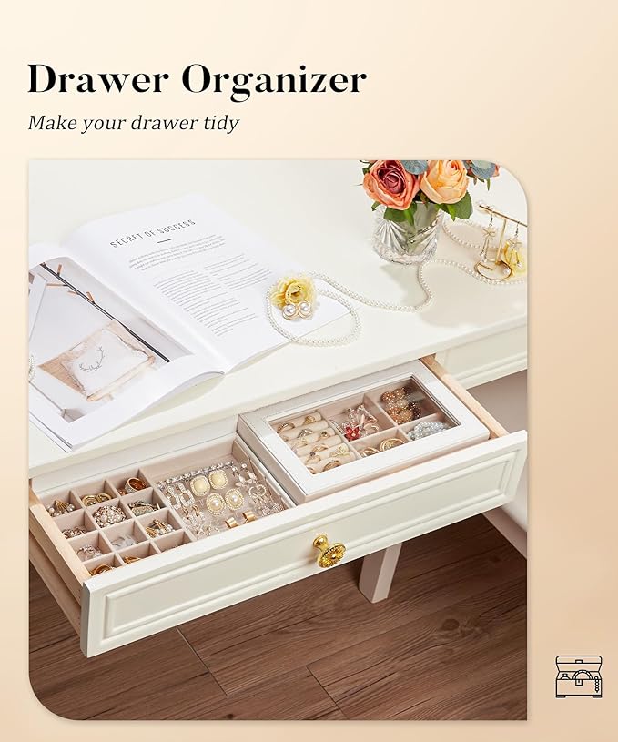 Homde Jewelry Tray Stackable Jewelry Box with Glass Lid, Removable Dividers for Vanity Table Gift Idea for Girls and Women (White)