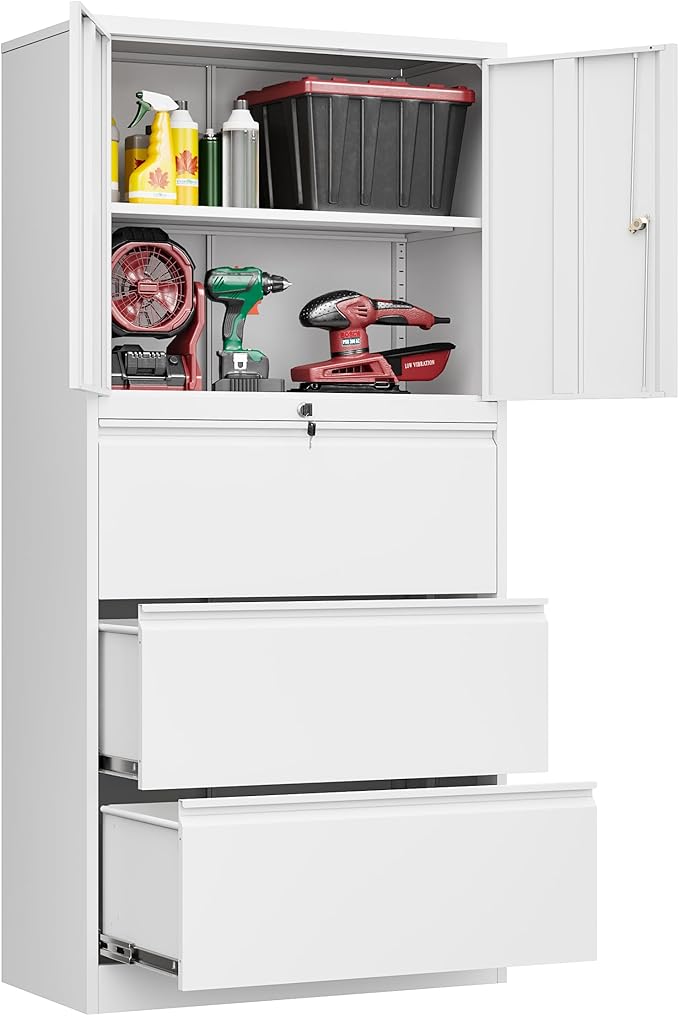 3 Drawers Metal Lateral File Cabinet with Lockable Drawer and Dorrs - White Large Steel Filing Cabinet for Home Office Hanging Files Letter/Legal/F4/A4 Size