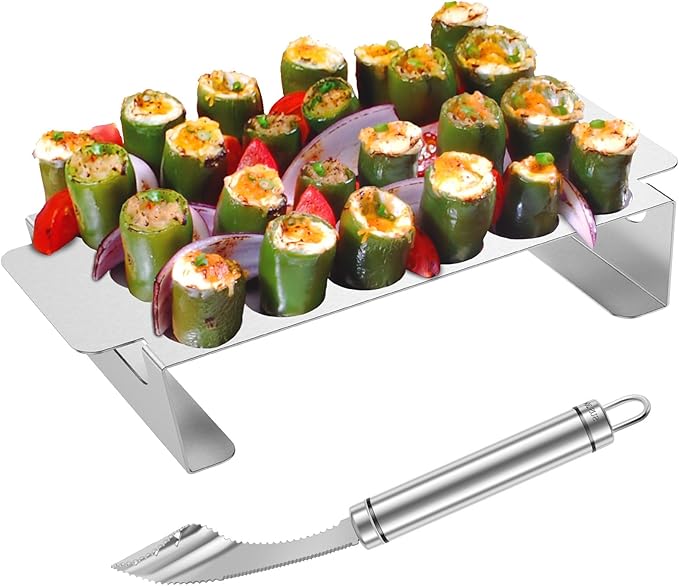 2Pcs Jalapeno Poppers Rack for Grill with Pepper Corer Tool, 18 Holes Poppin Popper holder jalapeños Vooker Pepper Grilling Rack, Stainless Steel Chili Roasting Rack BBQ Pepper Holder