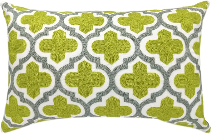 Alysheer Embroidered Lumbar Decorative Throw Pillow Cover 12"x 20", Classic Boho Geometric Embroidery Pattern Cotton Rectangular Cushion Case for Sofa Couch Living Room Bedroom(Green Grey)