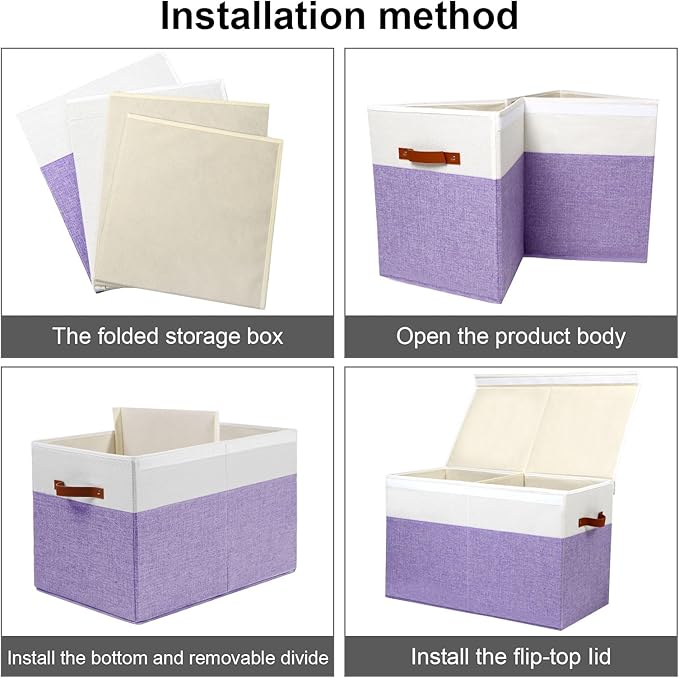 Large Toy Box with Lid, Sturdy Toy Storage Chest Bin Boxes Organizer Basket with Dividers for Toddlers, Kids, Boys, Girls, Nursery, Living Room, Bedroom, Playroom 25"x13" x16" (Purple and White)